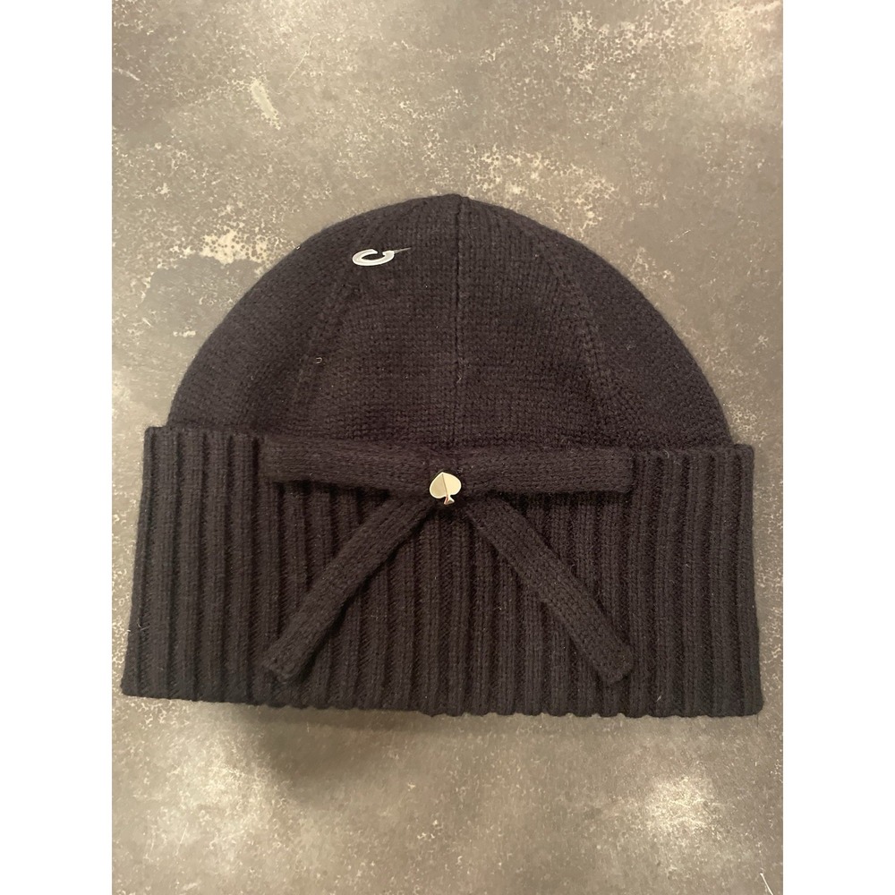 Kate Spade Beanie Hat Bow Black Gold Spade Charm Ribbed
